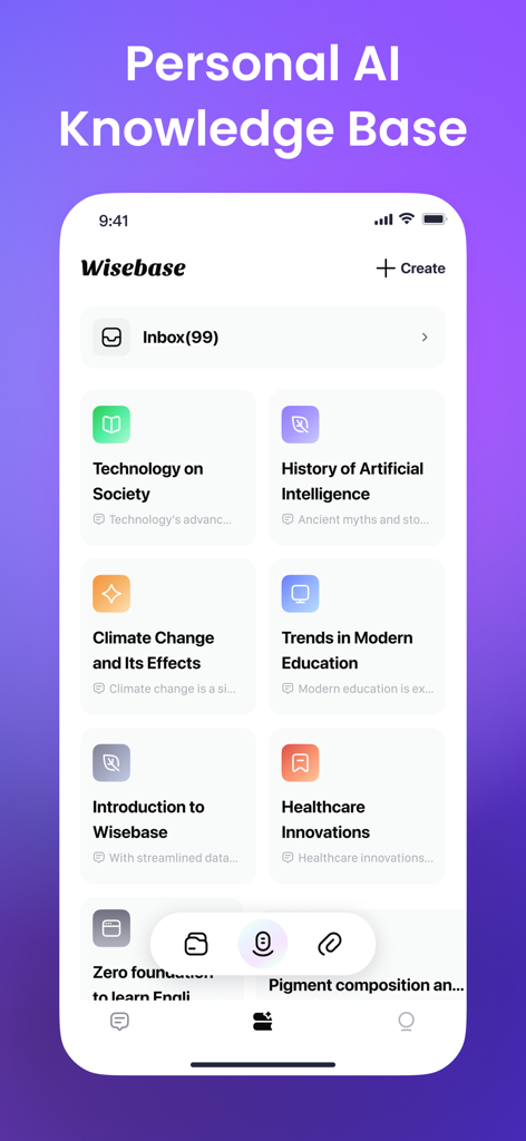 Sider: AI GPT Deep Chat - Sider mobile app interface showing the Wisebase personal AI knowledge base with various research topics.