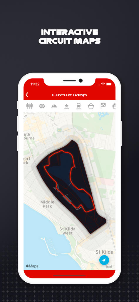 F1 Race Guide - Smartphone screen showing the interactive circuit map feature of the F1 Race Guide app for navigating a race track