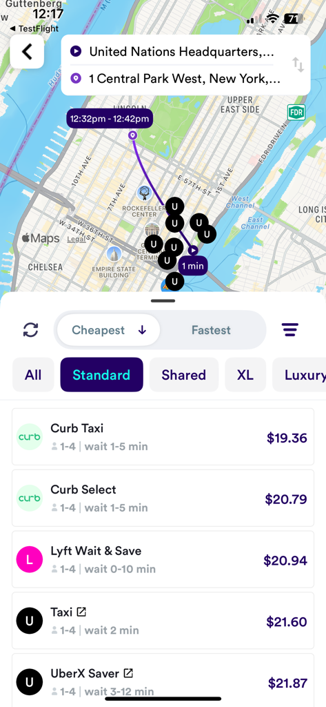 Obi - Get the cheapest ride. - Obi app interface comparing prices for Curb, Lyft, and Uber rides in New York City