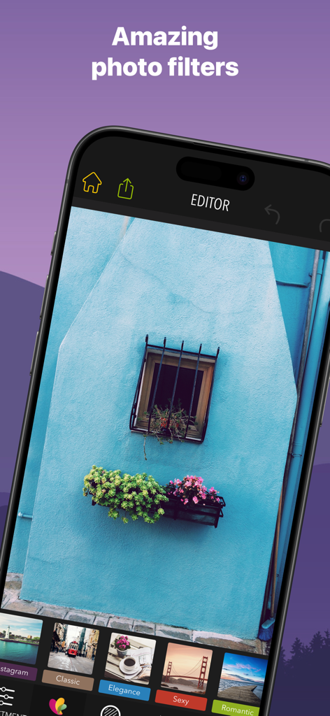 PicPoc - Photo Editor AI - PicPoc app interface showing professional photo filters on a picture of a blue building