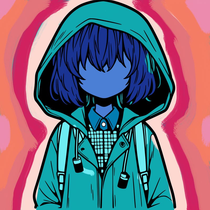 little anime girl in a raincoat her hair is covering her eyes she has a lighter