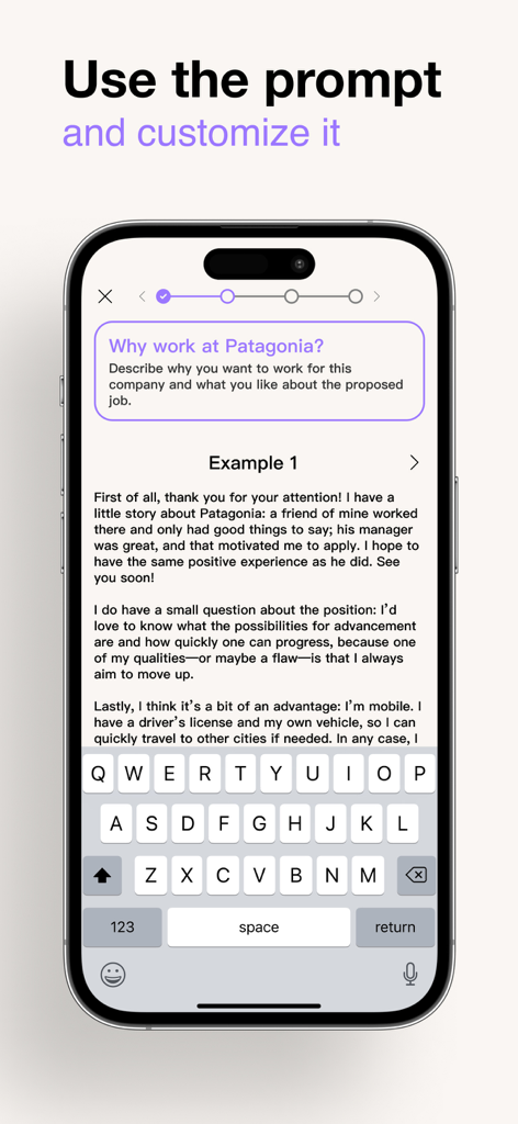 Mobile screen of Impress app showing a guided prompt and text example for a video job application script