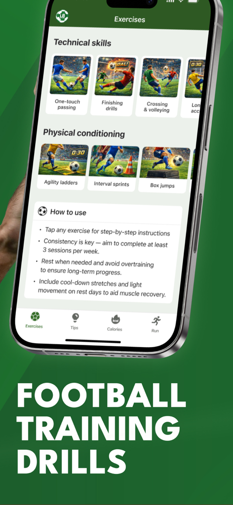 LineBall Tracker app showing technical soccer skills and physical conditioning exercises