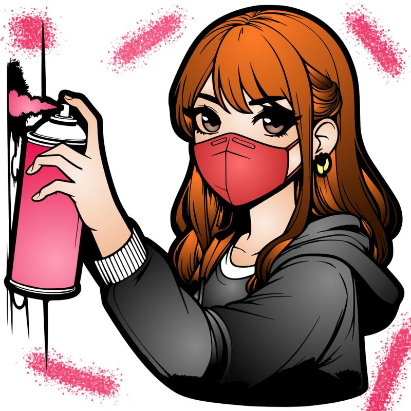 realistic girl spray painting wall with a face mask