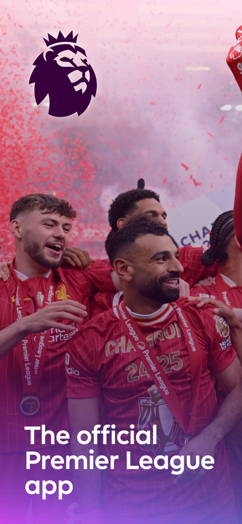 Football players celebrating a championship win on the official Premier League app screen