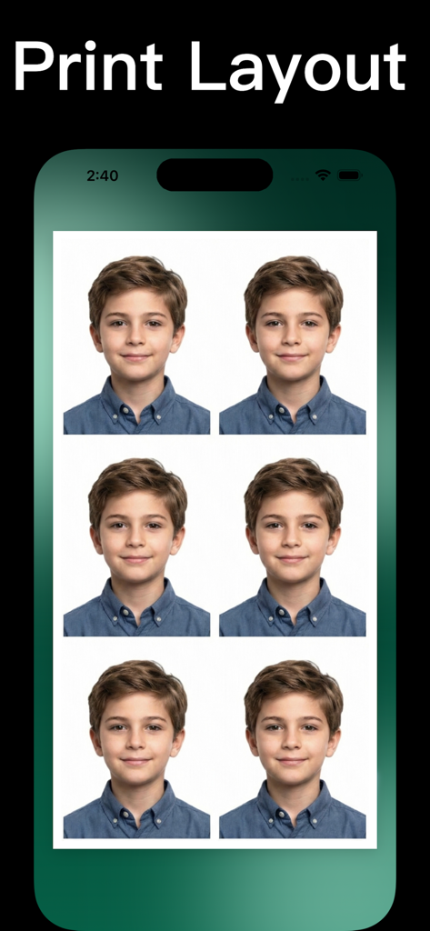 Passport Photo · ID Photo App - 인쇄 준비 레이아웃 시트에 배열된 동일한 어린이 여권 사진 6장