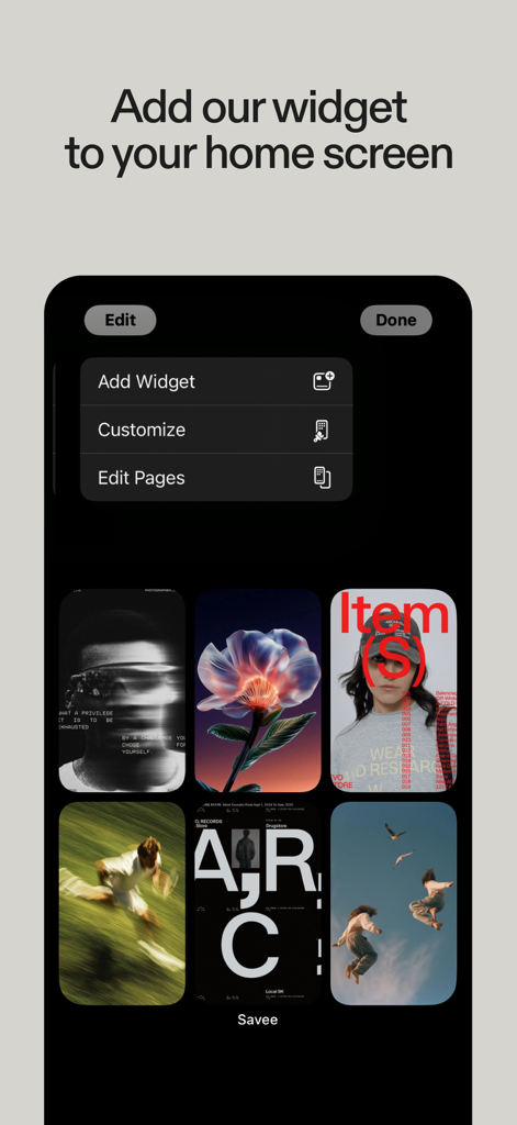 Savee — Inspiration for you - Widget da tela inicial do aplicativo Savee exibindo uma grade de imagens de inspiração criativa curadas em um iPhone.