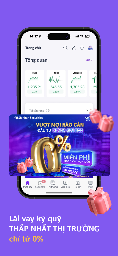 Pantalla de la aplicación de trading de San Xin Ha que muestra un banner de promoción de interés del cero por ciento para los mercados de valores vietnamitas.