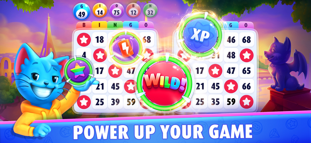 Bingo Blitz™ - BINGO Games - Bingo Blitz Gameplay-Screenshot mit bunten Bingo-Karten und verschiedenen Power-Up-Icons mit dem Eiffelturm im Hintergrund.