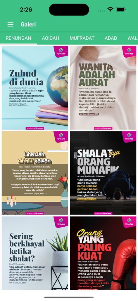 HijrahApp - Dakwah Sunnah - A gallery of Islamic advice cards in the HijrahApp featuring religious quotes and teachings with modern designs.