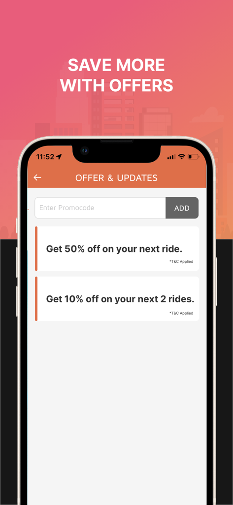 Jugnoo - Jugnoo mobile app screen displaying available ride offers and a field to enter a promocode