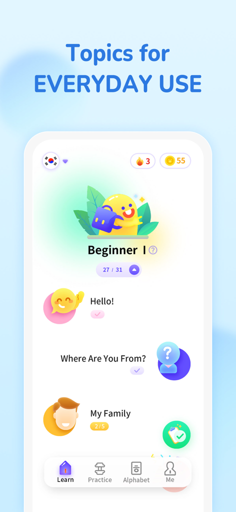 YuSpeak: Learn Japanese/Korean - Captura de pantalla de la aplicación YuSpeak mostrando el camino de aprendizaje Principiante I con temas de uso cotidiano como Hola y Mi Familia.