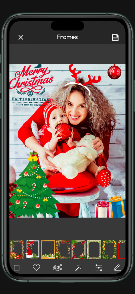 Christmas Photo Editor Sticker - A mobile app interface showing a festive photo of a mother and child decorated with Christmas stickers and frames.