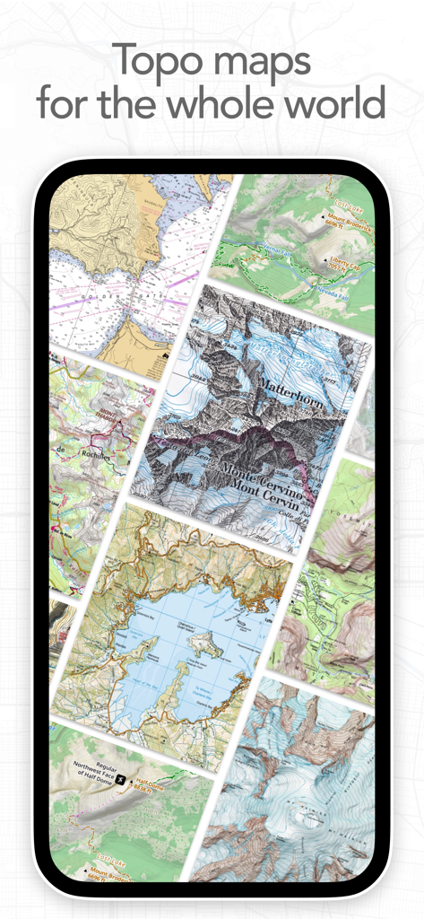 A mobile phone screen displaying a collage of topographic maps for worldwide navigation