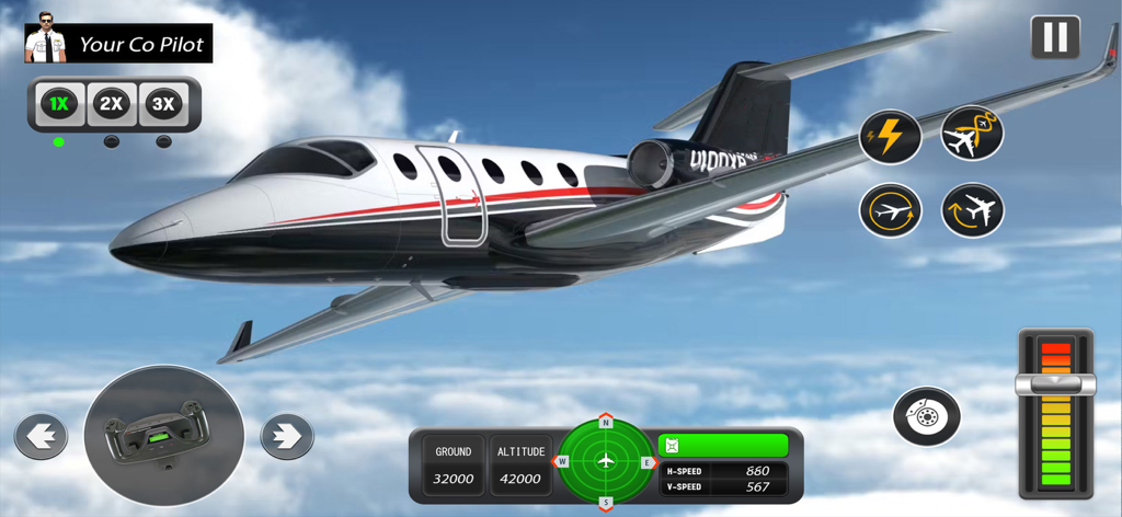 A private jet flying above clouds in the Aircraft Flight Simulator 2024 game showing cockpit controls and radar UI.