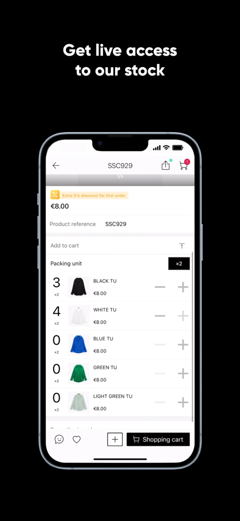 Mobile screen showing live wholesale stock and ordering interface for W.STUDIO B2B fashion app.