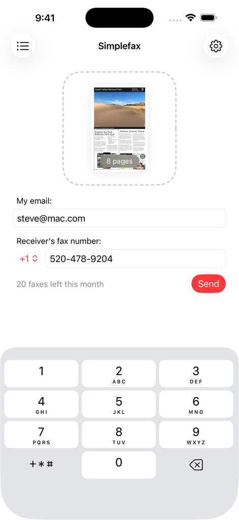 Simplefax - fax app - Simplefax app screen showing the interface to send a document with fields for the sender email and receiver fax number