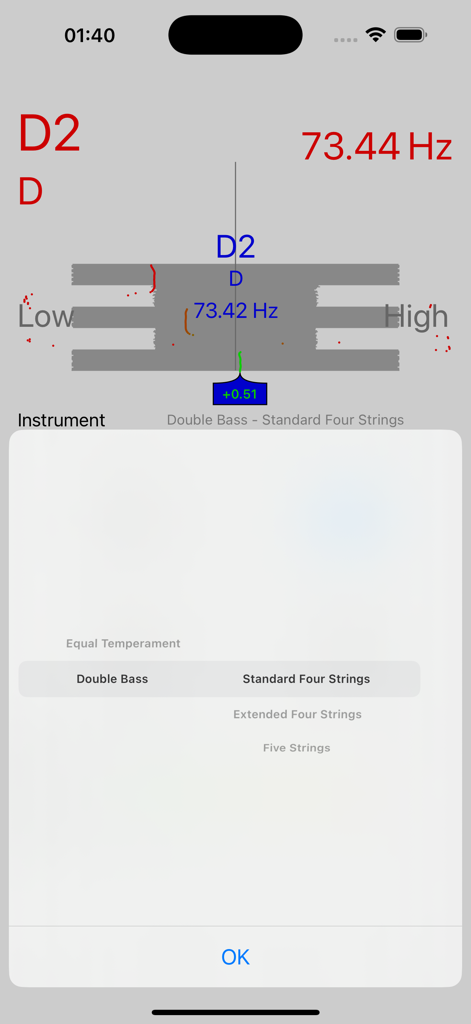Double Bass Tuner app interface showing a pitch meter for note D2 and an instrument selection menu for different string configurations.