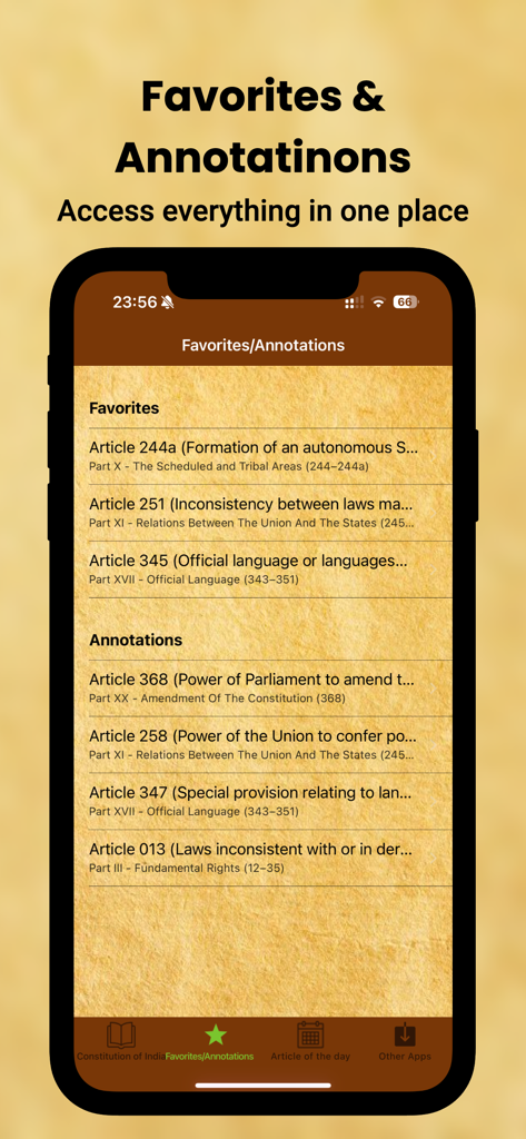 Pantalla de la aplicación móvil mostrando artículos y anotaciones marcados de la Constitución de la India.