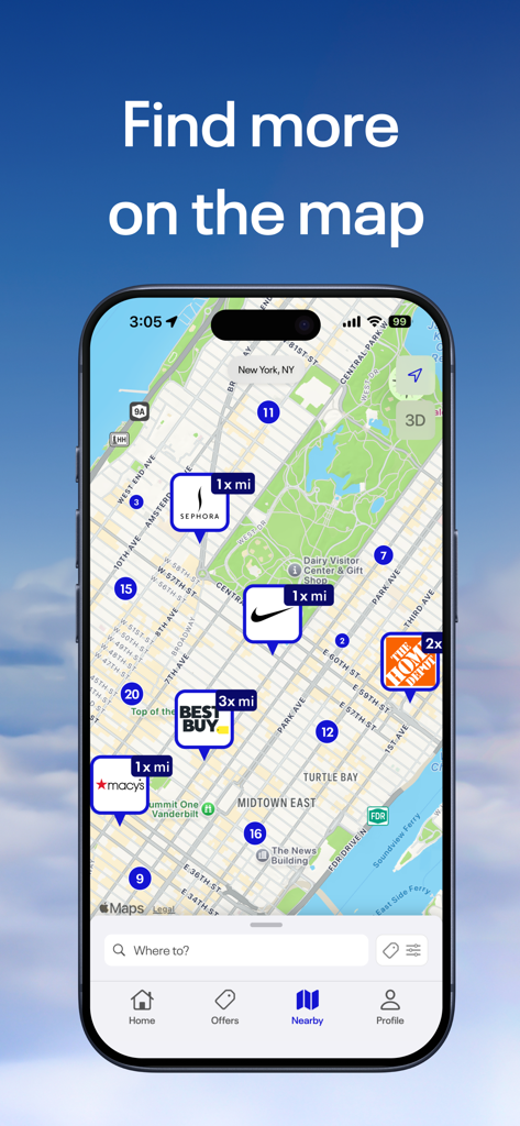 Visualizzazione della mappa all'interno dell'app MileagePlus X che mostra negozi nelle vicinanze come Sephora e Nike con moltiplicatori di guadagno miglia.