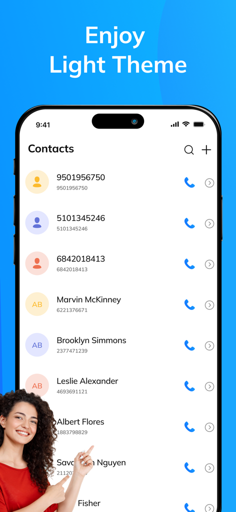 A screenshot of the Caller ID app showing the light theme contact list on an iPhone.