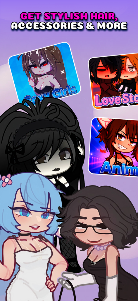 Gacha characters showcasing various stylish hair and fashion accessories from the mod collection