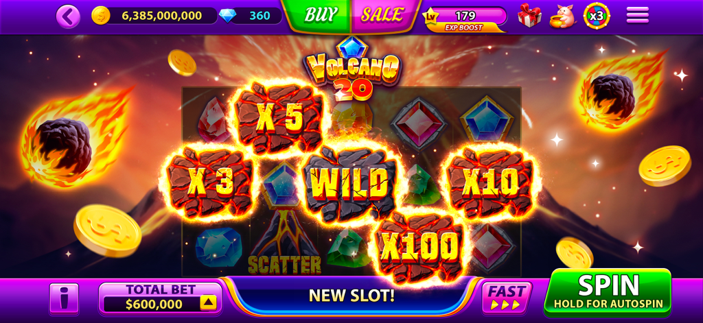 Full House Casino: 777 Slots - Volcano 20 slot machine gameplay with fiery multipliers and volcanic theme in Full House Casino app