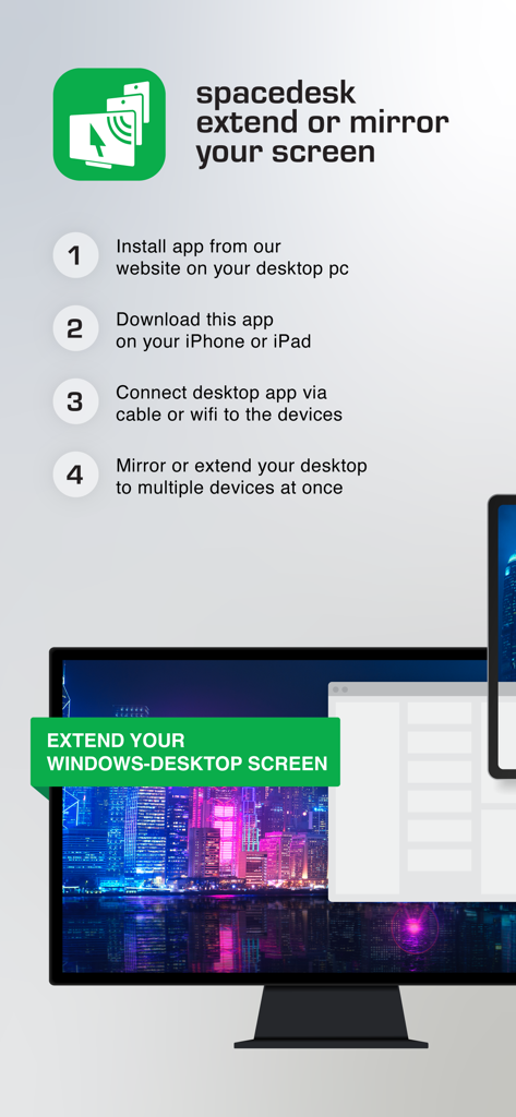 Four steps to extend or mirror a Windows desktop screen to iOS devices using spacedesk