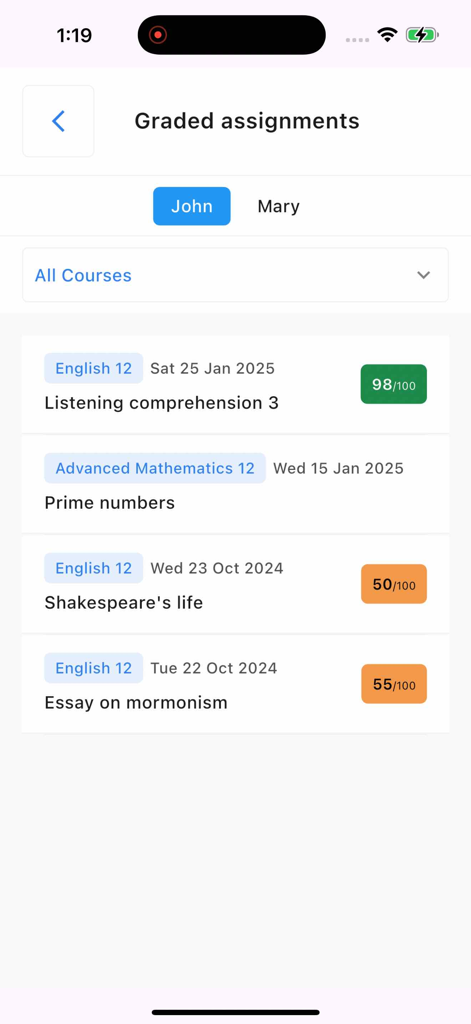 MySchool - Parents & Students - Interfaz de la aplicación MySchool que muestra una lista de tareas calificadas para un estudiante con puntuaciones para materias como Inglés y Matemáticas Avanzadas.