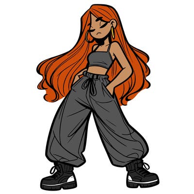 girl in baggy pants crop top and long hair