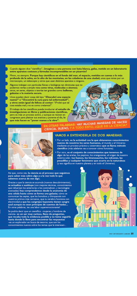 Muy Interesante Juniorアプリの科学に関する子供向けのカラフルなスペイン語教育記事。若い科学者や実験をしている子供のイラストがフィーチャーされています。