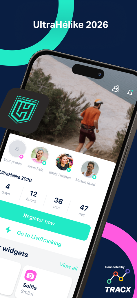Ultrahélike - The Ultrahélike app dashboard showing participant profiles and a countdown timer for the upcoming race.