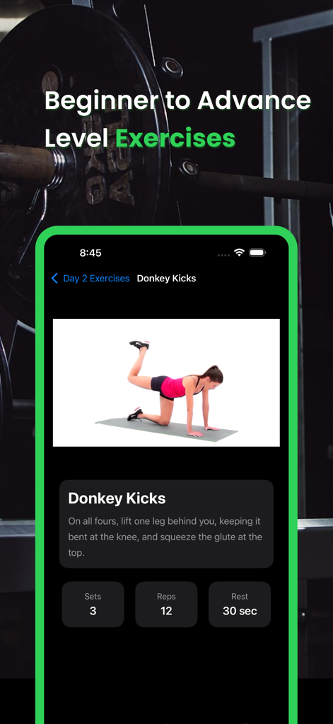 Buttocks Workout - Hips & Butt - Smartphone screen showing a donkey kicks exercise guide with instruction and workout stats