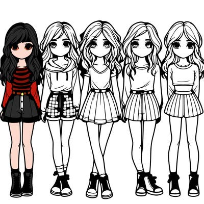 group of 6 realistic girls in a row