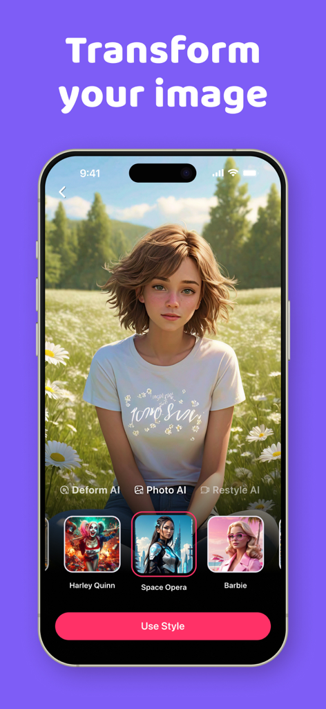 Zoomerang - Ai Video Maker - Interfaz de la aplicación Zoomerang que muestra estilos de transformación de fotos con IA en una pantalla de iPhone