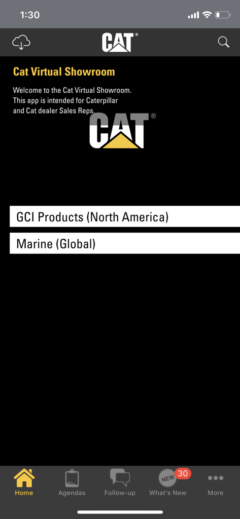 Cat Virtual Showroom app home screen showing product categories for sales representatives