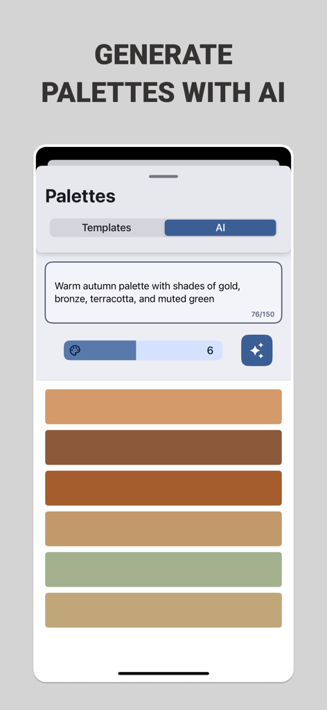 AI-powered tool generating a warm autumn color palette with six shades