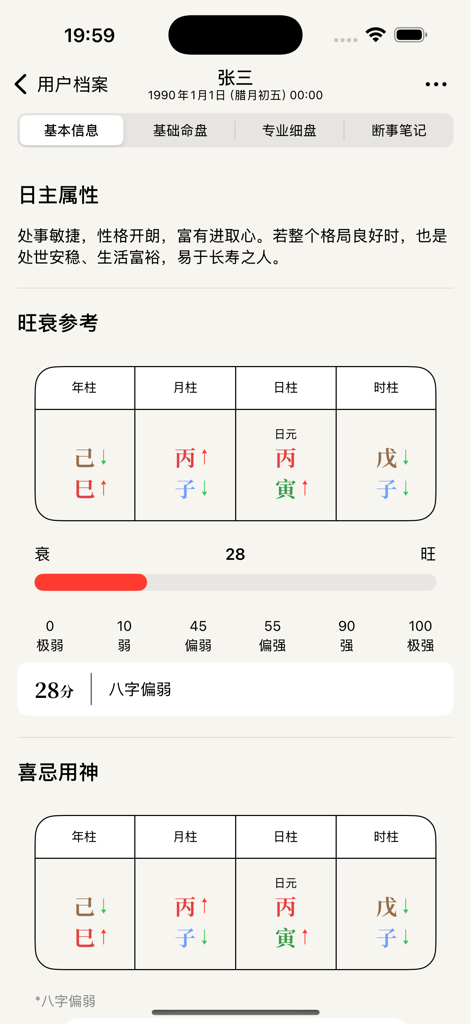 Gráfico profissional de Bazi chinês mostrando referência de força e análise de elementos dentro do aplicativo Chenshi.