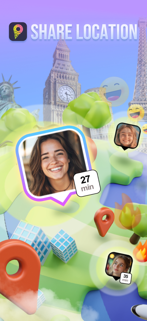 Zenly Share Location - Penlo - Interfaz de la aplicación de Penlo para compartir ubicación mostrando amigos en un mapa 3D con indicadores de tiempo