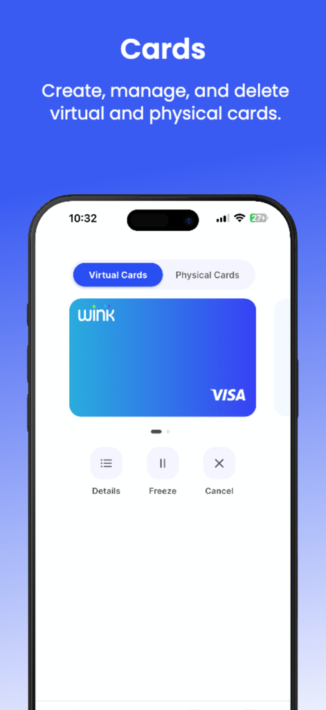 Wink NEO - Interfaz de la app Wink NEO mostrando la gestión de tarjetas virtuales con opciones para bloquear o cancelar tarjetas.