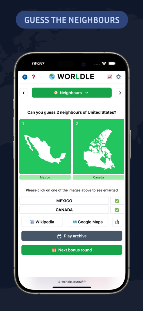 Worldle - Guess The Country! - Gameplay screen of Worldle showing the Guess the Neighbors challenge for the United States with Mexico and Canada correctly identified.
