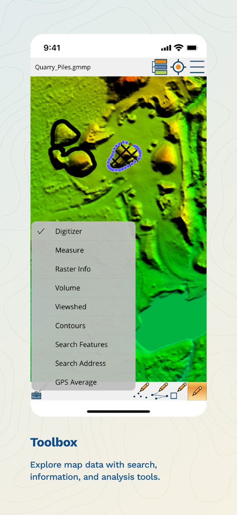 Global Mapper Mobile - Global Mapper Mobile app showing the Toolbox menu with analysis features like volume, viewshed, and contours over a terrain map