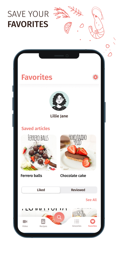 Martina's Cooking - Favorites screen of the Martina's Cooking app displaying saved dessert recipes like Ferrero balls and chocolate cake