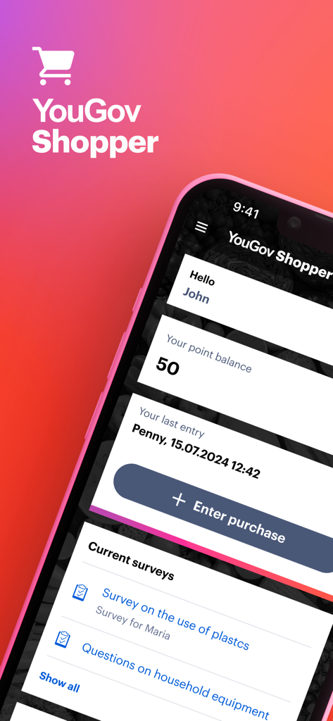 YouGov Shopper - YouGov Shopper mobile app dashboard showing point balance and available surveys for market research