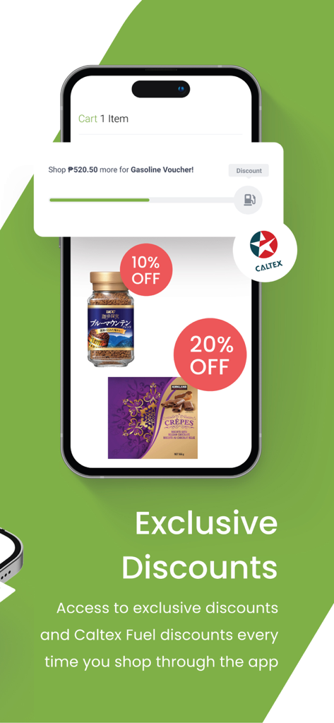 Landers Superstore mobile app screen showcasing exclusive grocery and Caltex fuel discounts