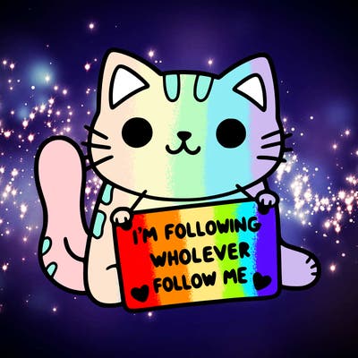 cat with a sign that says i’m following whoever follows me