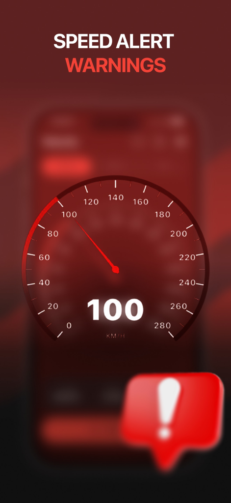 Speedometer GPS Speed HUD - Una interfaz de velocímetro analógico rojo que muestra una advertencia de alerta de velocidad.