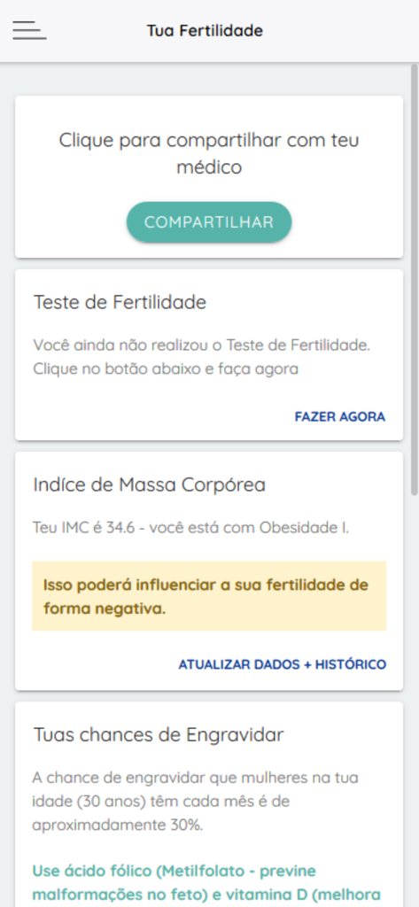 Panel de la aplicación Ginecología que muestra métricas de fertilidad, intercambio de datos de salud e información sobre el IMC