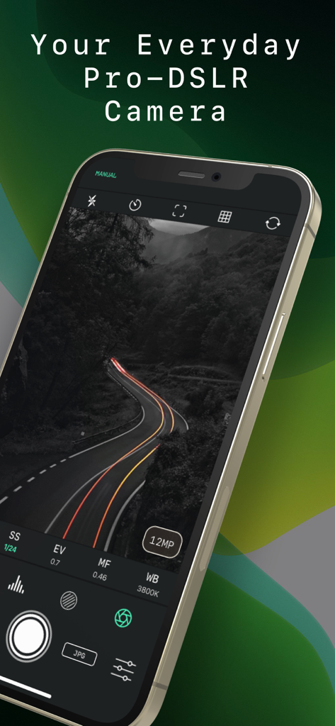 Pro Camera Reeflex app interface on iPhone featuring manual DSLR controls and a long exposure light trails photo.