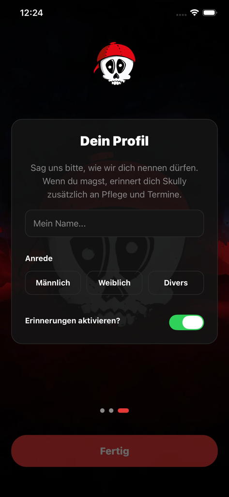 Tela de configuração de perfil para o aplicativo Skully tattoo assistant mostrando os campos de nome de usuário e seleção de gênero